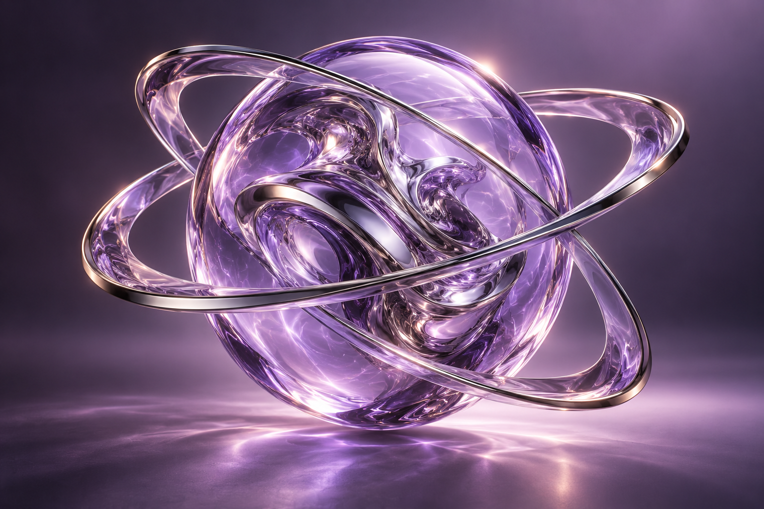 Sculptural violet AI orb surrounded by translucent glass rings